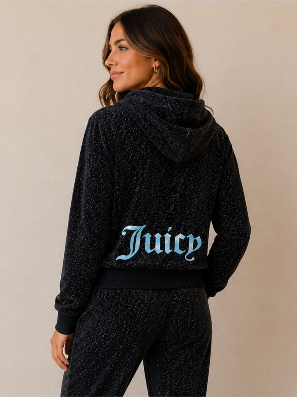 Vintage Juicy Couture Y2K Velour Track Jacket Black Sparkle Size Small
